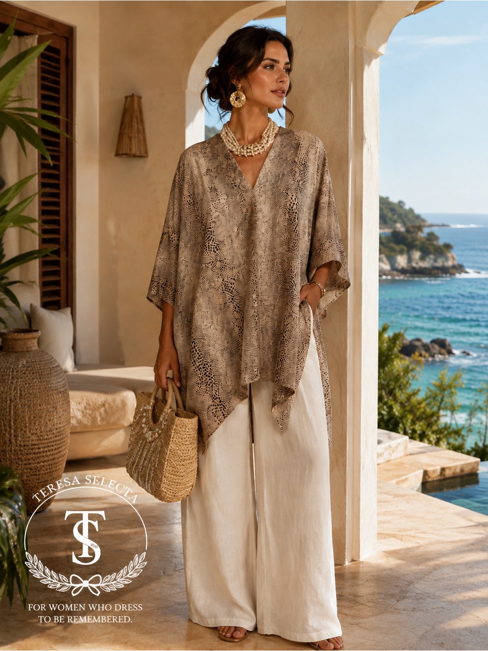 Ravel Snake Print Poncho Top Faux Wrap Stretch Blouse One Size Beige Boho Chic